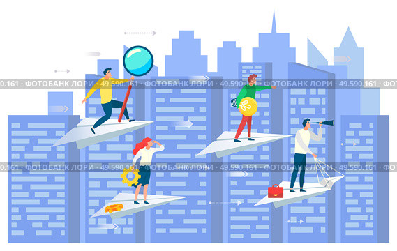 People working together vector, cityscape with team on paper plane. Leader and workers with tools, cogwheel and magnifying glass, briefcase and bulb. People following leader. Team business strategy. Business Team on Paper Plane, Ambitious People. Стоковая иллюстрация, агентство Ingram Publishing / Фотобанк Лори