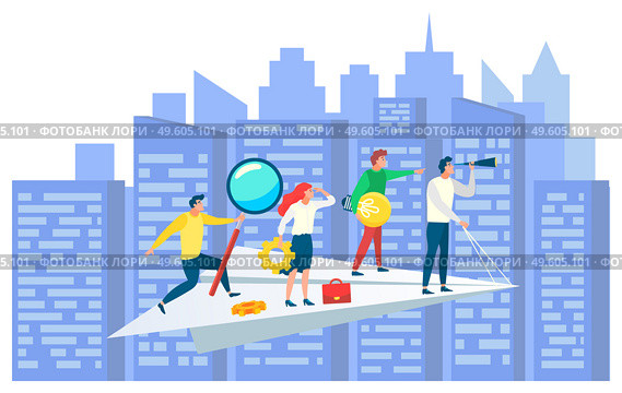 People working together vector, cityscape with team on paper plane. Leader and workers with tools, cogwheel and magnifying glass, briefcase and bulb. People following leader. Team business strategy. Business Team on Paper Plane, Ambitious People. Стоковая иллюстрация, агентство Ingram Publishing / Фотобанк Лори