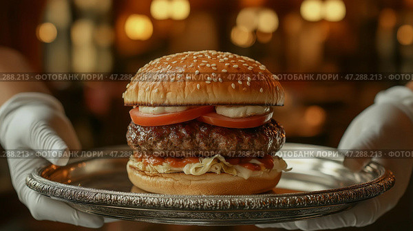 Perfectly crafted gourmet burger served on a silver platter in a cozy restaurant setting. Идеально приготовленный бургер для гурманов подается на серебряном блюде в уютной ресторанной обстановке. Стоковое AI-изображение, AI-художник Katsiaryna Repich / Фотобанк Лори