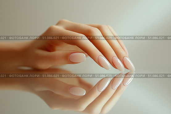 Perfectly manicured hand with glossy finish resting on reflective surface. Стоковое AI-изображение, AI-художник Katsiaryna Repich / Фотобанк Лори
