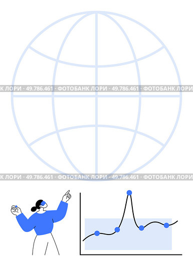 Person analyzing data chart with upward trend next to globe. Ideal for business insights, global market analysis, data interpretation, economic growth, educational purposes, strategy planning. Data Analysis and Global Trends Exploring Graphical Representation with Confidence. Стоковая иллюстрация, агентство Ingram Publishing / Фотобанк Лори