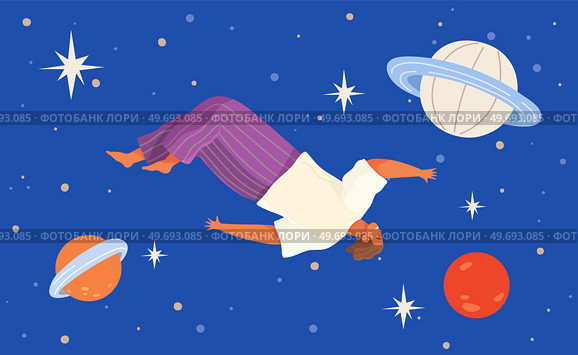 Person flying in space vector flat illustration. Man in cosmic space near planet with dream universe. Concept of facing with new and unknown. Flying person exploring space and discovering mysteries. Person flying in space vector flat illustration. Man in cosmic space near planet with dream universe. Стоковая иллюстрация, агентство Ingram Publishing / Фотобанк Лори