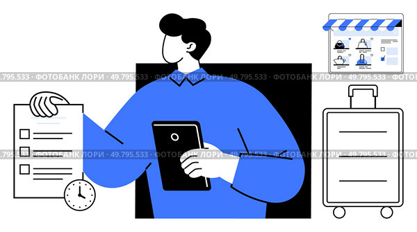Person holding a checklist and tablet, a large suitcase, and a web interface with profiles. Ideal for business planning, travel organization, remote work strategy, productivity, team management. Professional Planning with Checklist, Online Communication, and Travel Preparedness. Стоковая иллюстрация, агентство Ingram Publishing / Фотобанк Лори