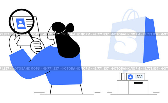 Person holding a magnifying glass over a CV document. Nearby a shopping bag with an S and folders in a cabinet. Ideal for job applications, resumes, human resources, online shopping, and recruitment. Person Reviewing CV with Magnifying Glass, Shopping Bag, and Filing Cabinet. Стоковая иллюстрация, агентство Ingram Publishing / Фотобанк Лори