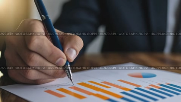 Person Holding a Pen Pointing Colorful Financial Charts, Analysis, Business Activities. Professional is Analyzing a Bar Graph, Data Trends, Report. Businessman Analyzing Document. Growth. Investment. Стоковое AI-видео, аниматор Марина Демидюк / Фотобанк Лори