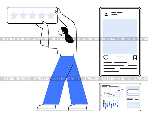 Person holding five-star rating with profile page and analytics dashboard, signaling positive feedback and growth. Ideal for user experience, customer reviews, social media marketing, audience. Person Holding Five-Star Rating with Social Media Profile and Analytics Dashboard. Стоковая иллюстрация, агентство Ingram Publishing / Фотобанк Лори