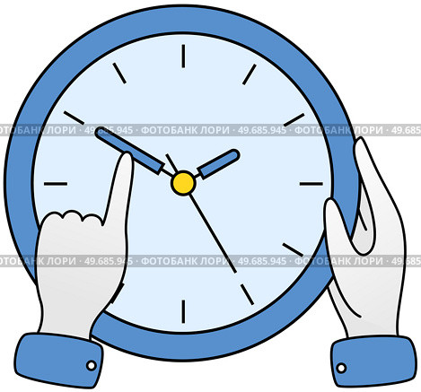 Person holding hand of clock to delay time. Character wants to deal with deadline. Watch as symbol of time management. Watches with seconds and minutes in hands. Clock with arrows vector illustration. Person holding hand of clock to delay time. Character with watch wants to deal with deadline. Стоковая иллюстрация, агентство Ingram Publishing / Фотобанк Лори