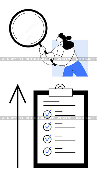 Person holding magnifying glass focusing on checklist with blue checkmarks on a clipboard, upward black arrow. Ideal for quality control, prioritization, efficiency, task management, auditing. Person Using Magnifying Glass to Examine Checklist on Clipboard with Upward Arrow. Стоковая иллюстрация, агентство Ingram Publishing / Фотобанк Лори