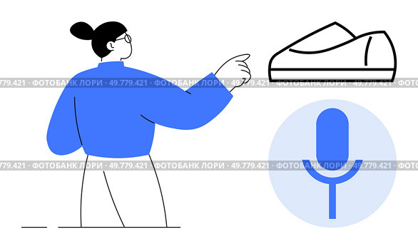 Person in blue top pointing at shoe illustration alongside a microphone icon. Ideal for voice command, technology integration, shopping apps, virtual assistant, user interaction, futuristic retail. Person Gesturing Towards Shoe Illustration with Microphone Symbol, Indicating Voice Command Technology. Стоковая иллюстрация, агентство Ingram Publishing / Фотобанк Лори