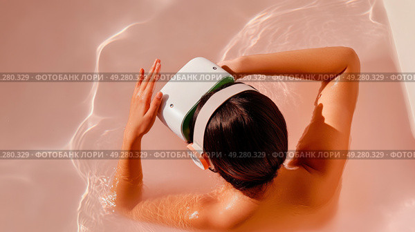 Person in pink-tinted water wears virtual headset, blending futuristic technology with spa-like relaxation in a surreal immersive scene. Стоковое AI-изображение, AI-художник Александра Троицкая / Фотобанк Лори