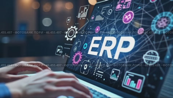 Person is typing on a laptop with ERP written on the screen. Стоковое AI-видео, аниматор Sergey Grishin / Фотобанк Лори