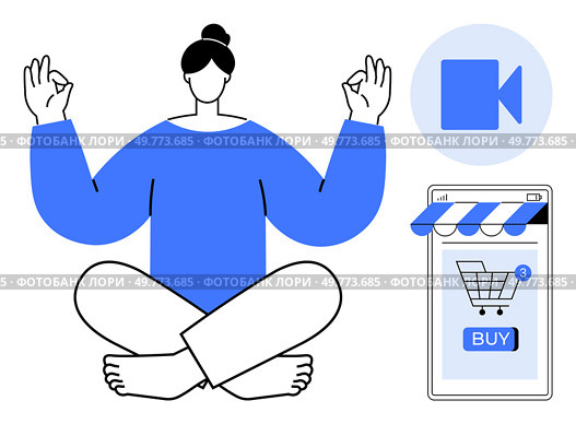 Person meditating in a calm position, a video symbol beside them, and a smart device displaying shopping cart with notifications. Ideal for mindful shopping, online relaxation, digital balance. Serenity in Online Shopping and Video Communication. Стоковая иллюстрация, агентство Ingram Publishing / Фотобанк Лори