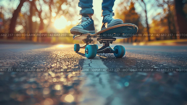 Person Skateboarding Down a Street. Стоковое AI-изображение, AI-художник Юлия Гапеенко / Фотобанк Лори