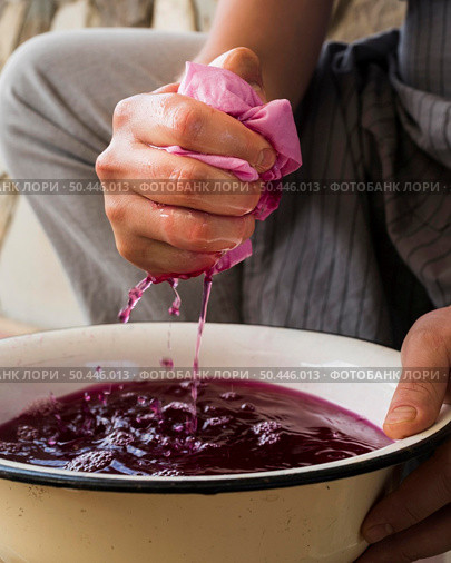 person squeezing cloth from pink natural pigment. Стоковое фото, агентство Ingram Publishing / Фотобанк Лори