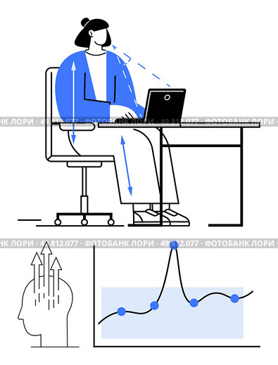 Person typing at desk with blue highlights growth chart, arrows to head. Ideal for productivity, ergonomics, mental focus, workplace efficiency, desk setup, data analysis, organizational skills. Balancing Productivity and Ergonomics Insights into Effective Workspace Design and Mental Focus. Стоковая иллюстрация, агентство Ingram Publishing / Фотобанк Лори