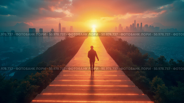 Person walking towards bright city horizon during sunrise symbolizing ambition growth progress success career future goals determination inspiration motivation hope vision. Стоковое AI-изображение, AI-художник Павел Муравьев / Фотобанк Лори