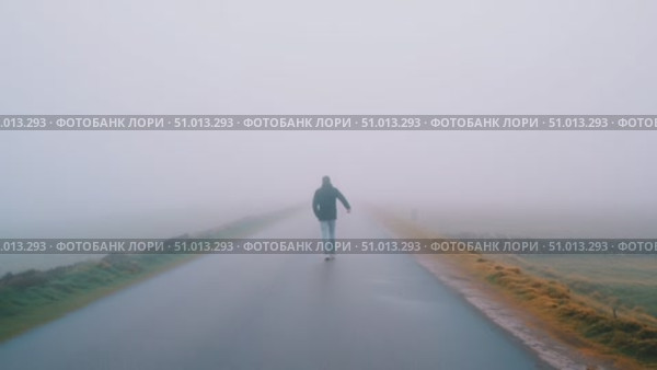 Person walks alone on a foggy road in a serene landscape surrounded by nature at dawn. Стоковое AI-видео, аниматор Сергей Толмачёв / Фотобанк Лори