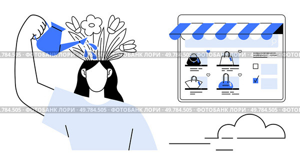 Person watering head, flowers growing, next to online store window with shopping bags. Ideal for self-care, growth mindset, online retail, e-commerce, mental health, digital marketing lifestyle. Self-Development and Online Shopping Concept with Person Watering Head and Website Interface. Стоковая иллюстрация, агентство Ingram Publishing / Фотобанк Лори
