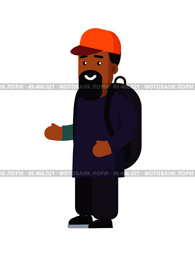 Person wearing cap on head, muslim refugee emigrant, man traveling with backpack, outlaw character vector illustration isolated on white background. Person Wearing Cap on Head, Muslim Refugee Person. Стоковая иллюстрация, агентство Ingram Publishing / Фотобанк Лори