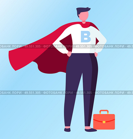 Person wearing formal suit vector, superhero in field of business flat style. Isolated male with briefcase standing in solemn pose proud of himself. Man Hero, Superhero Businessman with Briefcase. Стоковая иллюстрация, агентство Ingram Publishing / Фотобанк Лори
