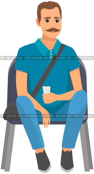 Person with drink sitting on chair and watching show isolated on white background. Mustachioed male character in viewer seat looking at something. Man spectator sitting on viewer place and drinking. Mustachioed man on seat looking at something. Spectator sitting in viewer place and drinking. Стоковая иллюстрация, агентство Ingram Publishing / Фотобанк Лори
