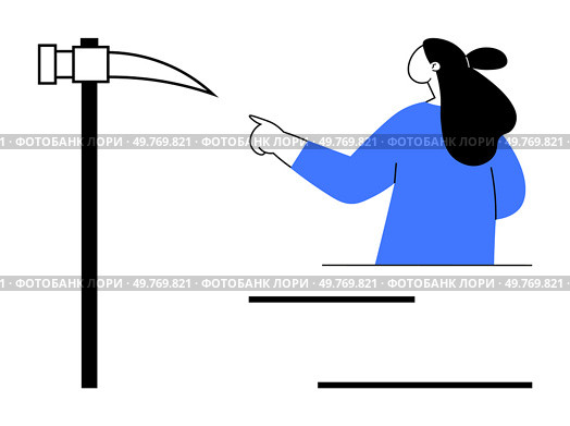 Person with long hair wearing blue, pointing towards a scythe. Ideal for themes of agriculture, tools, farming, minimalism, education. Simplistic vector style with blue and black colours. Person Pointing Towards Scythe with Writing Lines Below in Minimalist Style. Стоковая иллюстрация, агентство Ingram Publishing / Фотобанк Лори