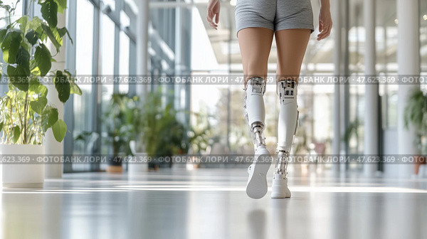 Person with prosthetic legs walking in a modern indoor space with plants in a well-lit environment. Стоковое AI-изображение, AI-художник Сергей Толмачёв / Фотобанк Лори
