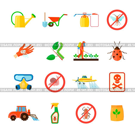 Pesticides Icons Set . Pesticides and fertilizers icons set with special equipment symbols flat isolated vector illustration. Стоковая иллюстрация, агентство Ingram Publishing / Фотобанк Лори