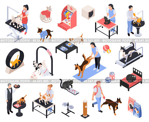 Pet services dogs grooming boarding walking fitness feeding vet examination vaccination isometric icons set isolated vector illustration. Стоковая иллюстрация, агентство Ingram Publishing / Фотобанк Лори