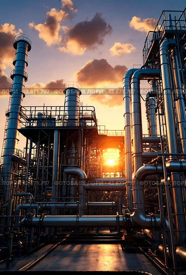 Petroleum industrial plant with pipeline and pipe rack at sunset sky background. View of chemical factory. Industrialization and industry technology concept. Gen ai illustration. Copy ad text space. Стоковое AI-изображение, AI-художник Aleksandr Golubev / Фотобанк Лори
