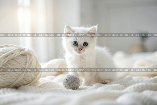 Pets. A small fluffy white kitten is playing with a ball of yarn on a white bed. A curious kitten lies on a white blanket and looks at the camera. Textiles, knitting. Стоковое AI-изображение, AI-художник Photojuli / Фотобанк Лори