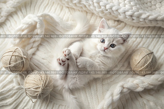 Pets. A small fluffy white kitten is playing with a ball of yarn on a white bed. A curious kitten lies on a white blanket and looks at the camera. Textiles, knitting. Стоковое AI-изображение, AI-художник Photojuli / Фотобанк Лори