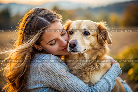 Pets. A young woman hugs a dog. A conscious life with a pet, the concept of friendship and love for animals. Стоковое AI-изображение, AI-художник Photojuli / Фотобанк Лори