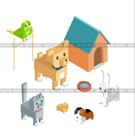 Pets set icon isometric 3d design. Dog and cat, animal group of pets, puppy animal, kitten character, nature domestic pets, fauna hamster parrot and rabbit, guinea pig vector illustration. Стоковая иллюстрация, агентство Ingram Publishing / Фотобанк Лори