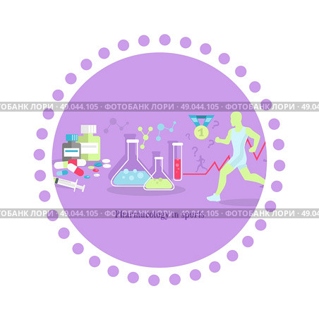 Pharmacology in sport icon flat isolated. Medical supplement,  medicine tablet vitamin, health food capsule, amino acid, healthcare pharmacy, training and injection illustration. Стоковая иллюстрация, агентство Ingram Publishing / Фотобанк Лори