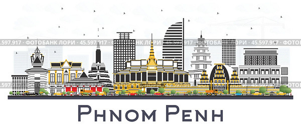 Phnom Penh Cambodia City Skyline with Color Buildings Isolated on White. Стоковая иллюстрация, иллюстратор Игорь Сорокин / Фотобанк Лори