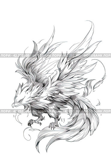Phoenix illustration, drawing, engraving, ink, line art, vector. Sketch of a tattoo in the form of a Firebird. T-shirt apparel print design. Стоковое AI-изображение, AI-художник Ирина Ручушкина / Фотобанк Лори