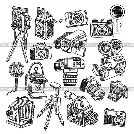 Photo and movie vintage hobby cameras with tripod and flashlight pictograms collection graphic doodle sketch vector illustration. Стоковая иллюстрация, агентство Ingram Publishing / Фотобанк Лори