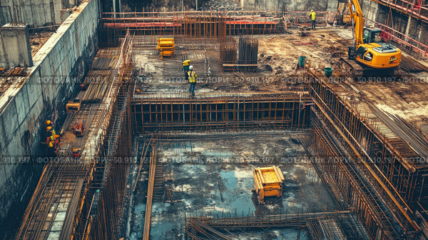 Photo of a construction site at an early stage of building construction. The view from above shows a pit with reinforced concrete structures, workers in protective clothing and helmets, and heavy equipment - an excavator in the background. The image demonstrates the intensive construction process, the stage of foundation reinforcement and the interaction of specialists. Suitable for the topics of construction, architecture, engineering projects and industry. Стоковое AI-изображение, AI-художник Анна Кривицкая / Фотобанк Лори