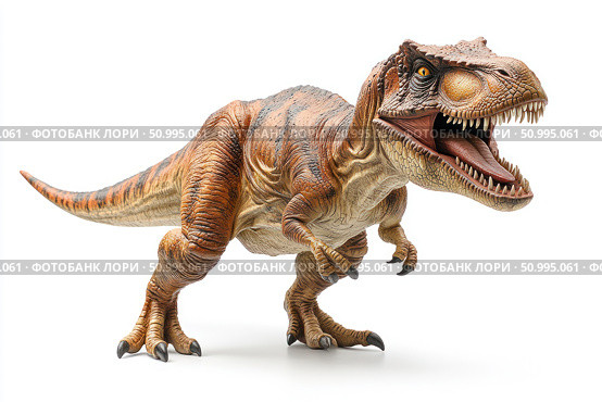 Photo of a detailed dinosaur model on a white background. Realistic figurine of a predatory dinosaur with an open mouth, sharp teeth and a muscular body. The image is great for illustrating paleontological topics, educational projects, children's encyclopedias, and in materials on the prehistoric era. Ideal for use in articles, covers, presentations, games and educational resources. Стоковое AI-изображение, AI-художник Анна Кривицкая / Фотобанк Лори