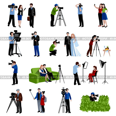 Photographer And Videographer Icons Set. Photographer and videographer icons set with cameras light and selfie flat isolated vector illustration . Стоковая иллюстрация, агентство Ingram Publishing / Фотобанк Лори