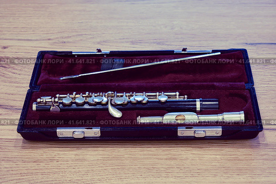 Piccolo flute in a red case, close-up. Стоковое фото, фотограф Андрей Журавлев / Фотобанк Лори