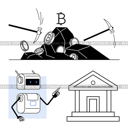 Pickaxes coins and bitcoin symbol. Robot pointing at bank building. Ideal for fintech, blockchain, AI, cryptocurrency, digital economy, innovation, traditional finance. Line metaphor. Cryptocurrency Mining with AI and Traditional Banking A Blend of Innovation and Classic Finance. Стоковая иллюстрация, агентство Ingram Publishing / Фотобанк Лори