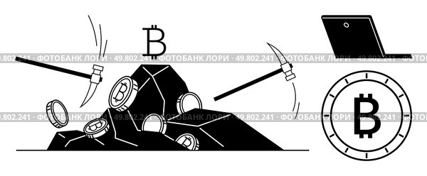 Pickaxes striking rock to reveal Bitcoin coins, Bitcoin symbol, and laptop computer. Ideal for cryptocurrency, blockchain technology, digital finance, mining concepts, fintech, investment, economic. Bitcoin mining operation with tools extracting digital currency and laptop overseeing the process. Стоковая иллюстрация, агентство Ingram Publishing / Фотобанк Лори
