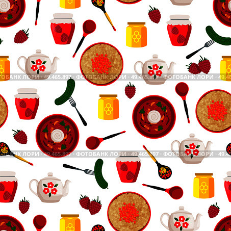 Pickled cucumber on fork and raspberry jam in jar seamless pattern. Borshch Russian dish served in wooden bowl and honey, icons vector illustration. Pickled Cucumber Fork Pattern Vector Illustration. Стоковая иллюстрация, агентство Ingram Publishing / Фотобанк Лори