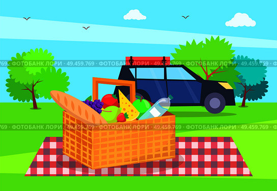 Picnic nature basket full of products, bottle of water, fresh bread, cheese and car, blanket with squared pattern, trees grass vector illustration. Picnic Nature Basket and Car Vector Illustration. Стоковая иллюстрация, агентство Ingram Publishing / Фотобанк Лори