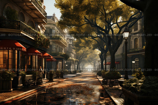 Picturesque city street decorated with trees and buildings with retro architecture. The street is illuminated with soft morning light, creating a warm and cozy atmosphere. Well-groomed bushes and flowers grow along the sidewalks, and in front of the cafe there are benches and tables with red awnings. Leaves falling on the sidewalk add autumn color to the scene. A light mist can be seen far in the background, adding depth and perspective to this enchanting cityscape. Стоковое AI-изображение, AI-художник Анна Кривицкая / Фотобанк Лори