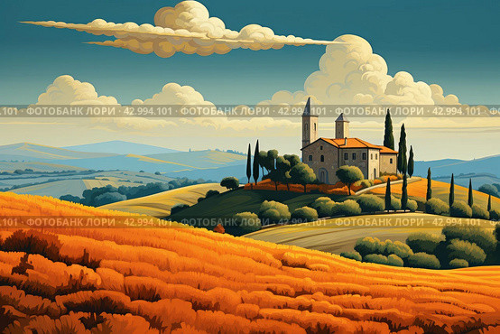 Picturesque Retro italian landscape view. Generate Ai. Стоковое AI-изображение, AI-художник Иван Рябоконь / Фотобанк Лори