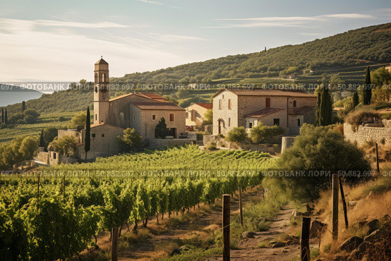 Picturesque tuscan countryside with vineyard and church. Стоковое AI-изображение, AI-художник Иван Рябоконь / Фотобанк Лори