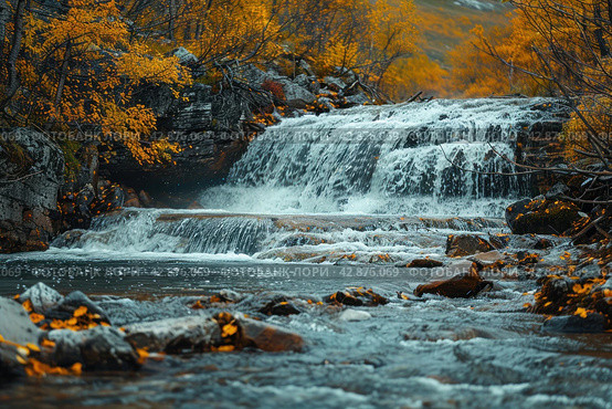 Picturesque waterfall in the forest in autumn. The water rushes forcefully over multi-level rocky rapids, creating a striking contrast with the warm colors of the autumn foliage surrounding the pond. The leaves of the trees, painted in golden and copper tones, glow against the background of dark blue water and stones, which adds peace and harmony to the scene. Стоковое AI-изображение, AI-художник Анна Кривицкая / Фотобанк Лори